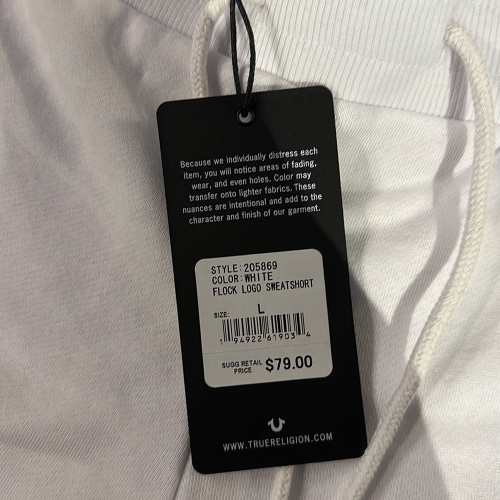 NWT TRUE RELIGION FLOCK LOGO SWEATSHORT SIZE LARGE COLOR WHITE W/PINK - Picture 4 of 6